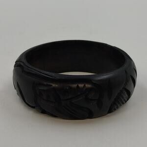 African Hand Carved Wood Wide Bangle Bracelet 2.5" Black Animal Design Tribal